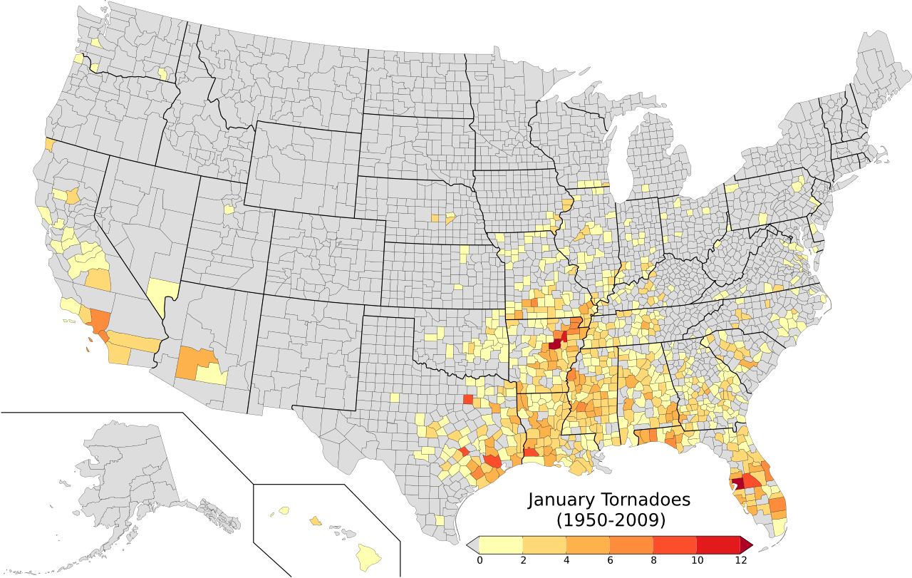 "January Tornadoes By County (1950-2009)"